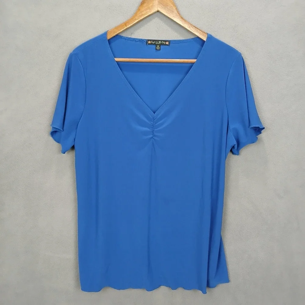 Suzie in the City T Shirt Womens 1X Blue Short Sleeve Ruched Front Casual V Neck